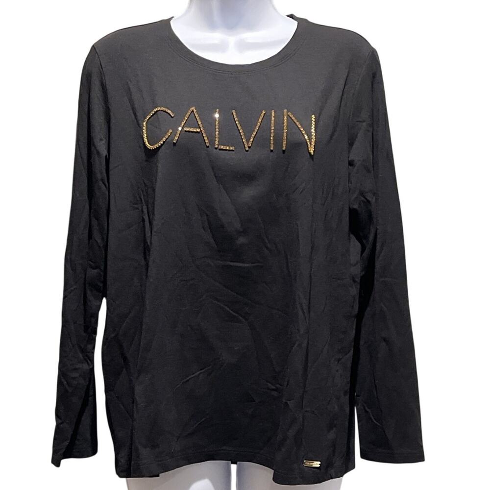 Calvin Klein Black Long Sleeve Top • Rhinestone Logo Spellout • Women’s M